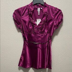 Y2K HeartSoul Magenta Satin Ruffle Collar Short Sleeve Blouse Top